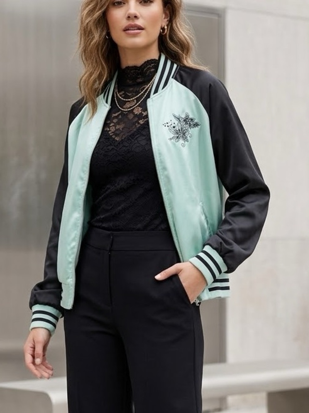 Disney The Little Mermaid Bomber Jacket Women L Mint Black Ariel Flounder Zip Up